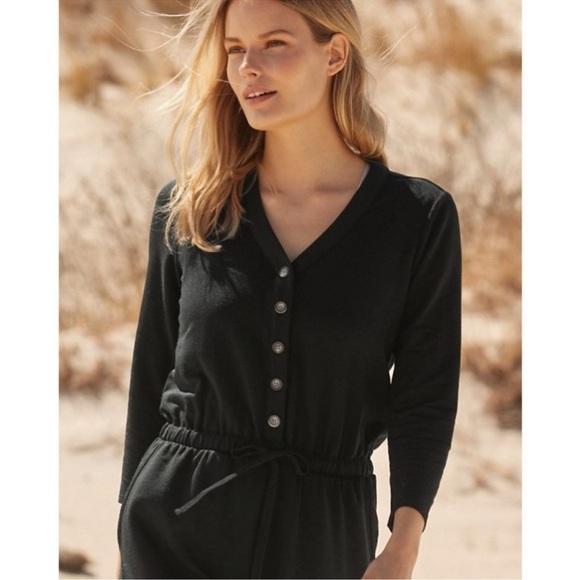 Garnet Hill Black Traverse Knit Jumpsuit Black Women’s Small Pockets Drawstring - Picture 3 of 13